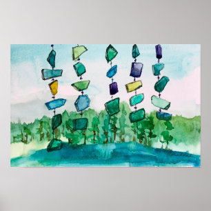 Lake Chimes Blue Glass Landscape Painting Poster