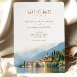 Lake Como Italy Save The Date Destination Invitati Invitation<br><div class="desc">This stunning wedding save-the-date card features a beautiful watercolor illustration of the iconic Lake Como in Italy. The tranquil blues and greens of the lake are complemented by elegant, flowing typography that announces the wedding date and other important details right on the front of the card. Perfect for couples planning...</div>