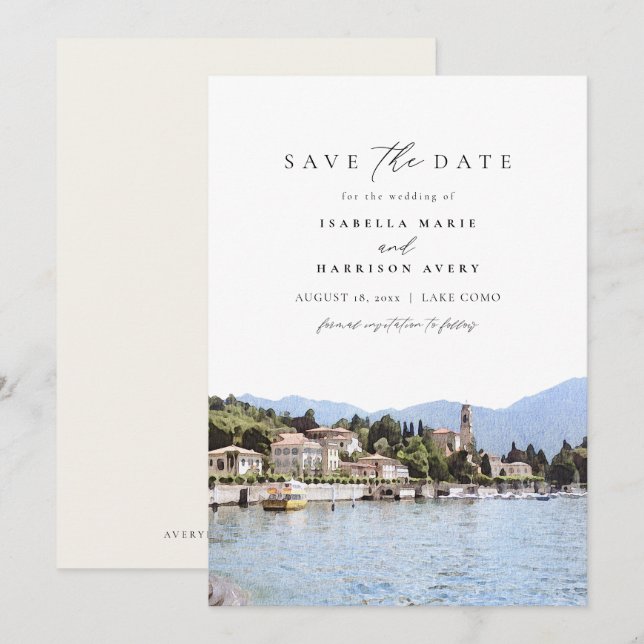 LAKE COMO Watercolor Italy Skyline Save the Date Invitation (Front/Back)