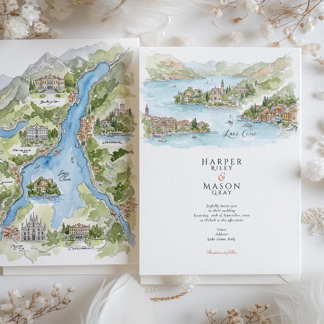 Lake Como Watercolor Panorama Map Wedding Invitation (Creator Uploaded)