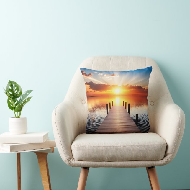 Lake Dock At Sunrise Throw Pillow (Chair)