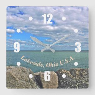 LAKE ERIE, BLUE SKY, FLUFFY WHITE CLOUDS, BOULDERS SQUARE WALL CLOCK