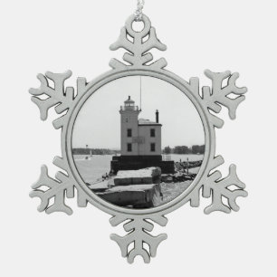 Lake Erie Lighthouse Snowflake Pewter Christmas Ornament