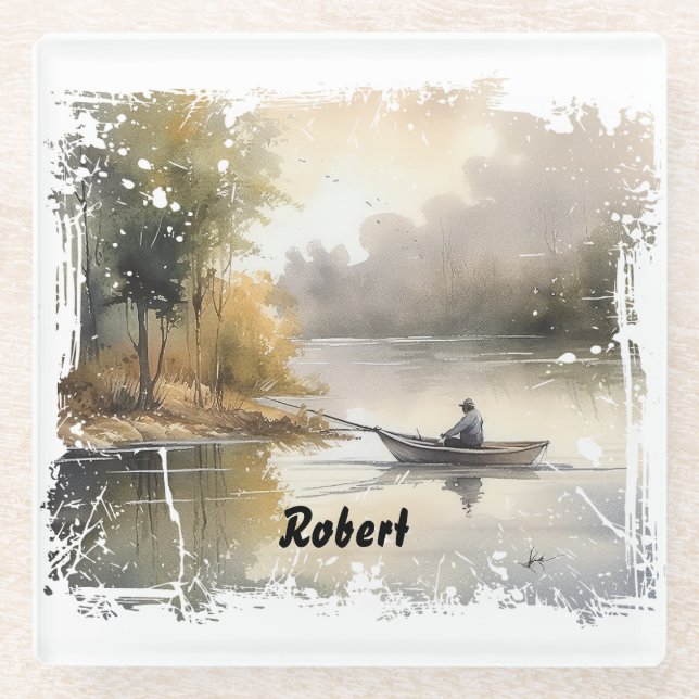 Lake Fishing  Glass Coaster (Front)