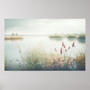 Lake Fog Calm Tranquil Nature Peaceful Season Flow Poster