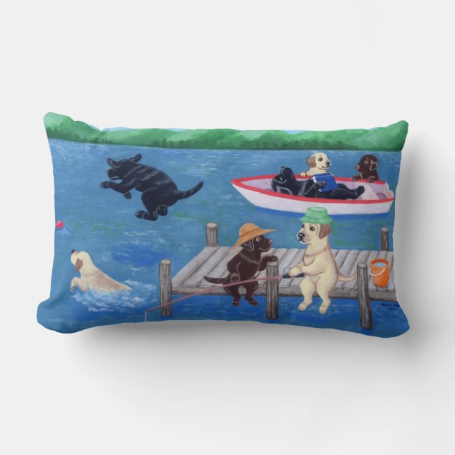 Lake Fun Labradors Painting Lumbar Pillow (Front)