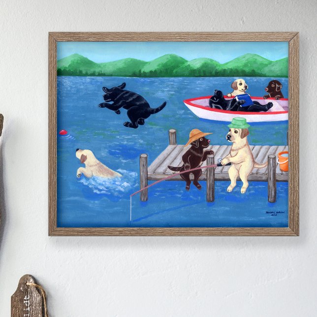 Lake Fun Labradors Poster (Lake Fun Labradors Poster for Labrador Owners.  Whimsical Lab art for Lake House and Summer House.)