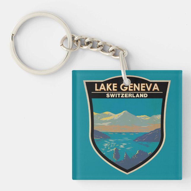 Lake Geneva Switzerland Travel Art Vintage Keychain (Front)