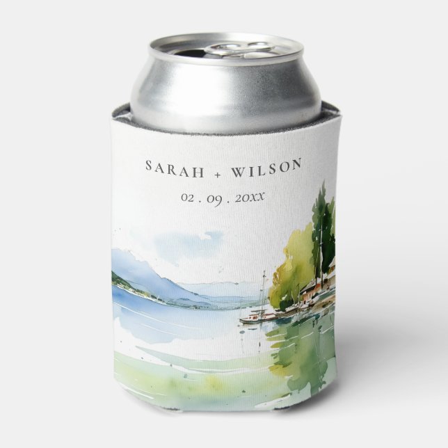 Lake Geneva Switzerland Watercolor Scape Wedding Can Cooler (Can Front)