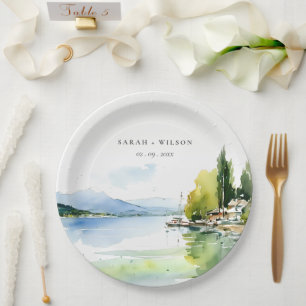 Lake Geneva Switzerland Watercolor Scape Wedding Paper Plate
