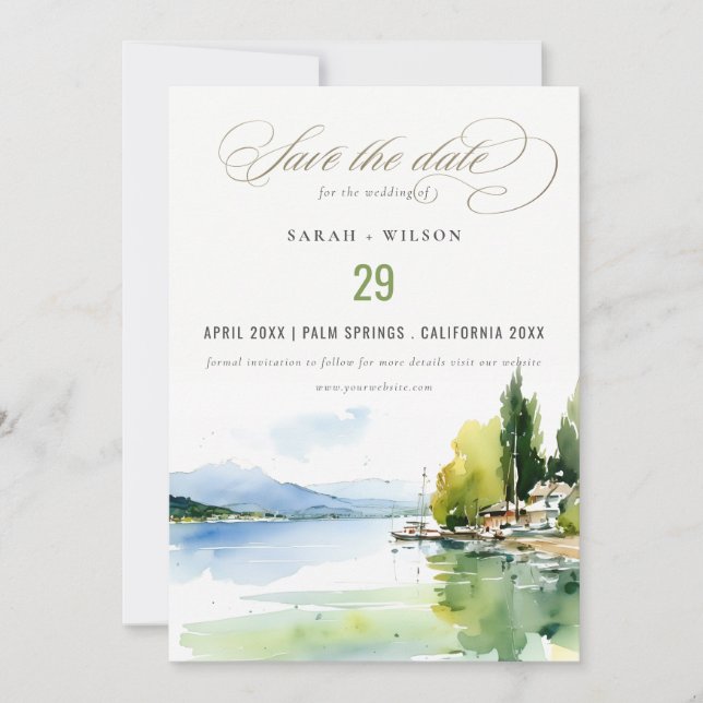 Lake Geneva Switzerland Watercolor Scape Wedding Save The Date (Front)