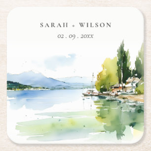 Lake Geneva Switzerland Watercolor Scape Wedding Square Paper Coaster