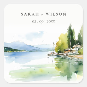 Lake Geneva Switzerland Watercolor Scape Wedding Square Sticker
