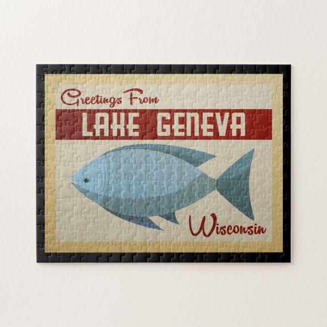 Lake Geneva Wisconsin Blue Fish Vintage Travel Jigsaw Puzzle (Horizontal)