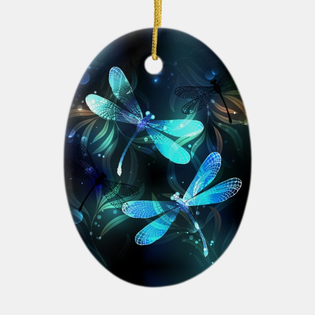 Lake Glowing Dragonflies Ceramic Ornament (Front)