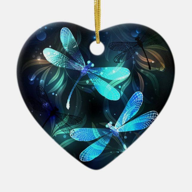 Lake Glowing Dragonflies Ceramic Ornament (Front)