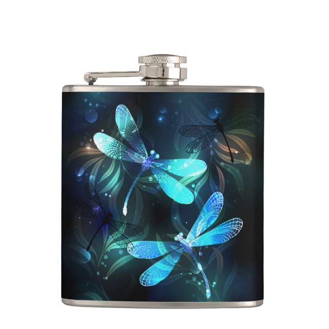 Lake Glowing Dragonflies Hip Flask (Front)
