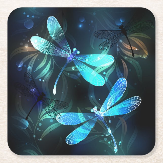 Lake Glowing Dragonflies Square Paper Coaster (Front)