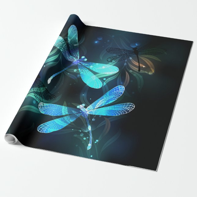 Lake Glowing Dragonflies Wrapping Paper (Unrolled)