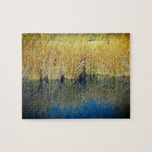 Lake Grass Reflection Photo with Blue Water Jigsaw Puzzle