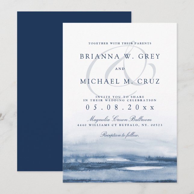 Lake Harbour Fog Wedding Invitation Navy Back (Front/Back)
