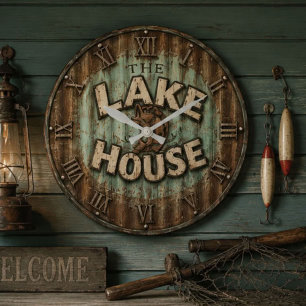 Lake House Bass Fishing Rustic Angler Cabin Large Clock