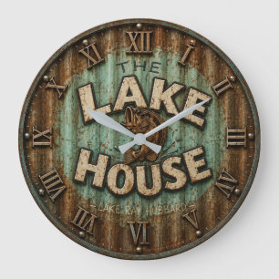 Lake House Bass Fishing Rustic Angler Cabin  Large Clock