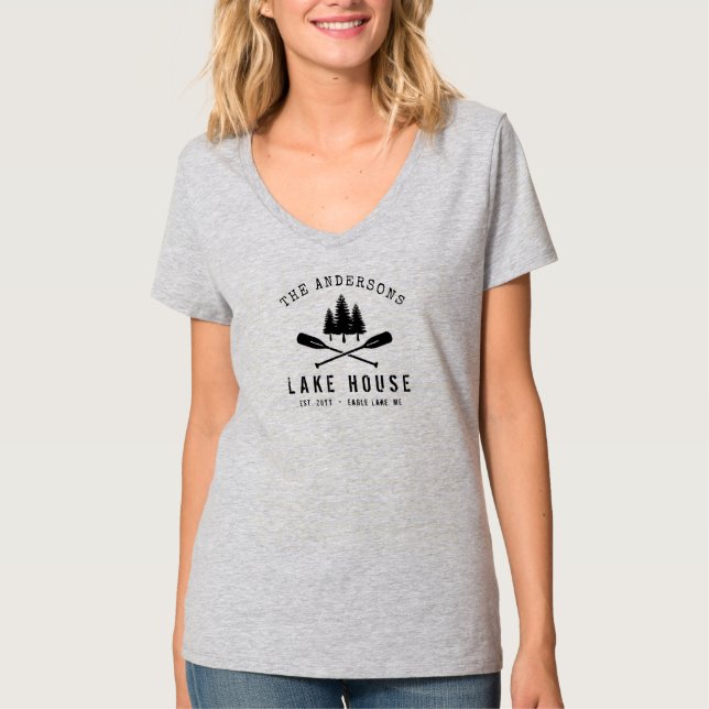 Lake House Boat Oars Trees Family Name V-Neck T-Shirt (Front)