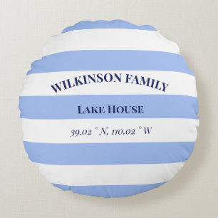 Lake house Coordinates Family name Blue Stripes Round Pillow