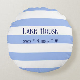 Lake house Coordinates Family name Blue Stripes Round Pillow
