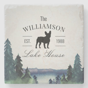 Lake House Custom Family Name Frenchie Themed Stone Coaster