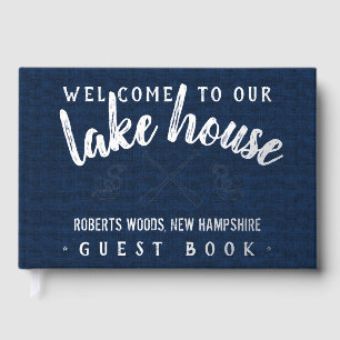 Lake House Customized Vacation Rental Navy Silver Guest Book