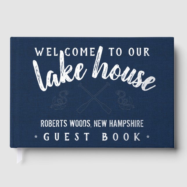 Lake House Customized Vacation Rental Navy Silver Guest Book (Front)