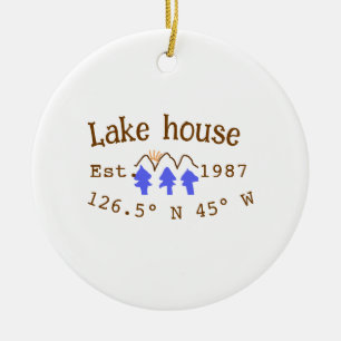 Lake house ets. Date year custom coordinates add n Ceramic Ornament