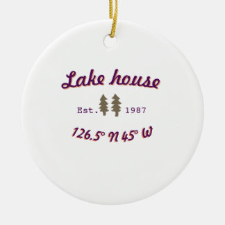 Lake house ets. Date year custom coordinates add n Ceramic Ornament