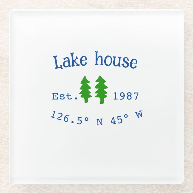 Lake house ets. Date year custom coordinates add n Glass Coaster (Front)