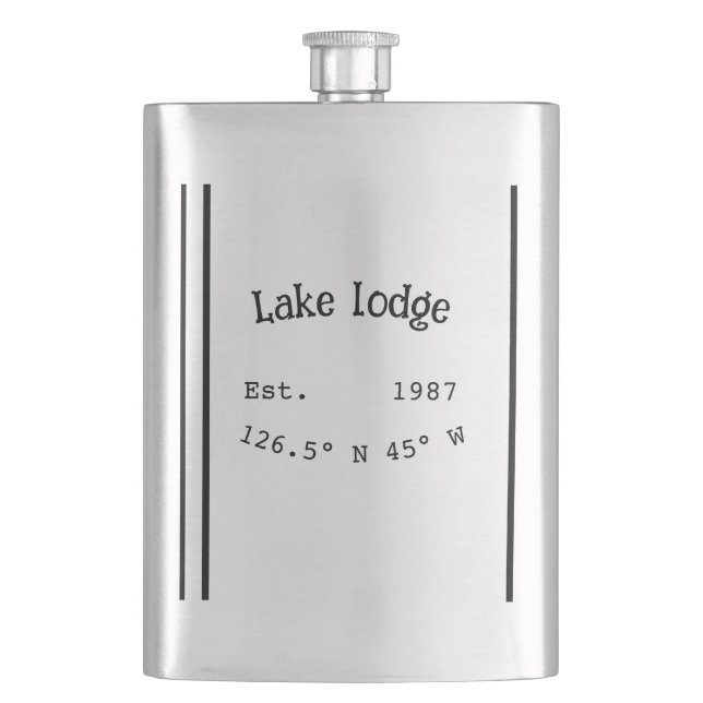 Lake house ets. Date year custom coordinates add n Hip Flask (Front)