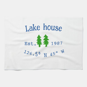 Lake house ets. Date year custom coordinates add n Kitchen Towel