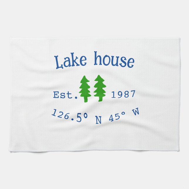 Lake house ets. Date year custom coordinates add n Kitchen Towel (Horizontal)