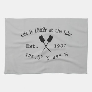 Lake house ets. Date year custom coordinates add n Kitchen Towel