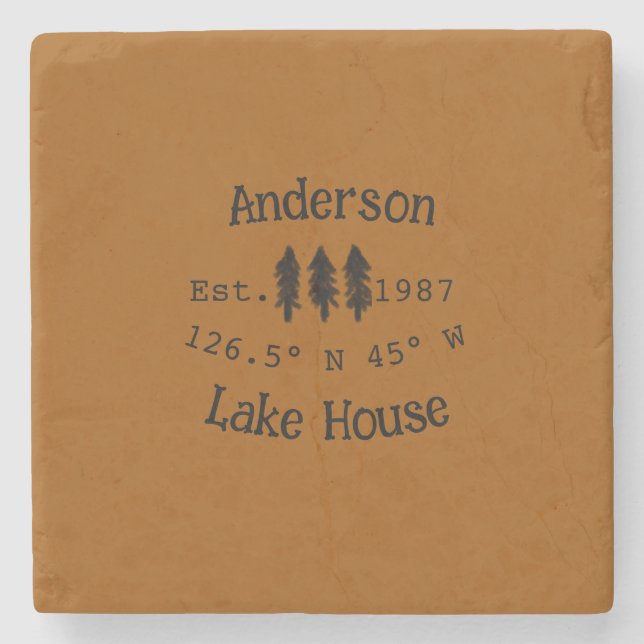 Lake house ets. Date year custom coordinates add n Stone Coaster (Front)