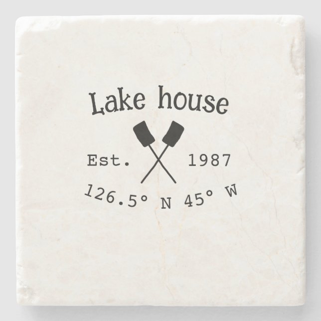 Lake house ets. Date year custom coordinates add n Stone Coaster (Front)