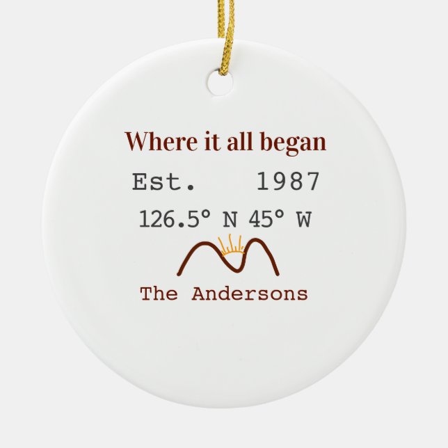 Lake house ets. Date year custom coordinates brown Ceramic Ornament (Front)