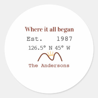 Lake house ets. Date year custom coordinates brown Classic Round Sticker