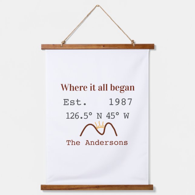 Lake house ets. Date year custom coordinates brown Hanging Tapestry (Front)