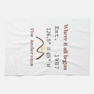 Lake house ets. Date year custom coordinates brown Kitchen Towel