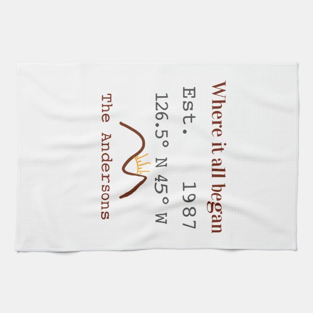 Lake house ets. Date year custom coordinates brown Kitchen Towel (Horizontal)