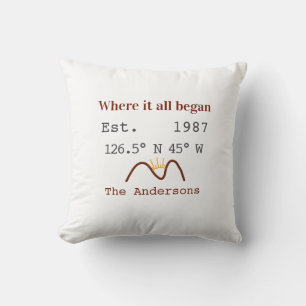 Lake house ets. Date year custom coordinates brown Throw Pillow