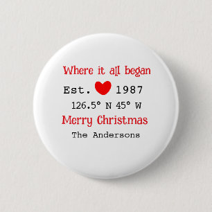 Lake house ets. Date year custom coordinates red 2 Inch Round Button