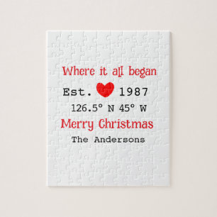 Lake house ets. Date year custom coordinates red Jigsaw Puzzle